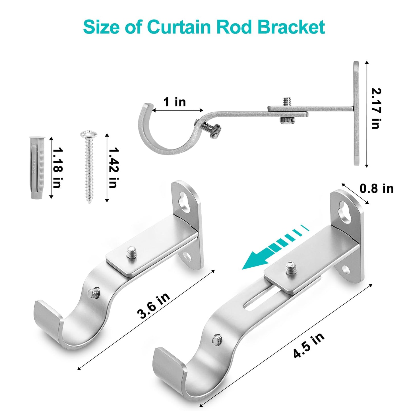 AMZSEVEN Adjustable Curtain Rod Brackets, Metal Window Drapery Rod Hanger Holders Hooks for 1 inch Rods (Satin Silver, Set of 2)