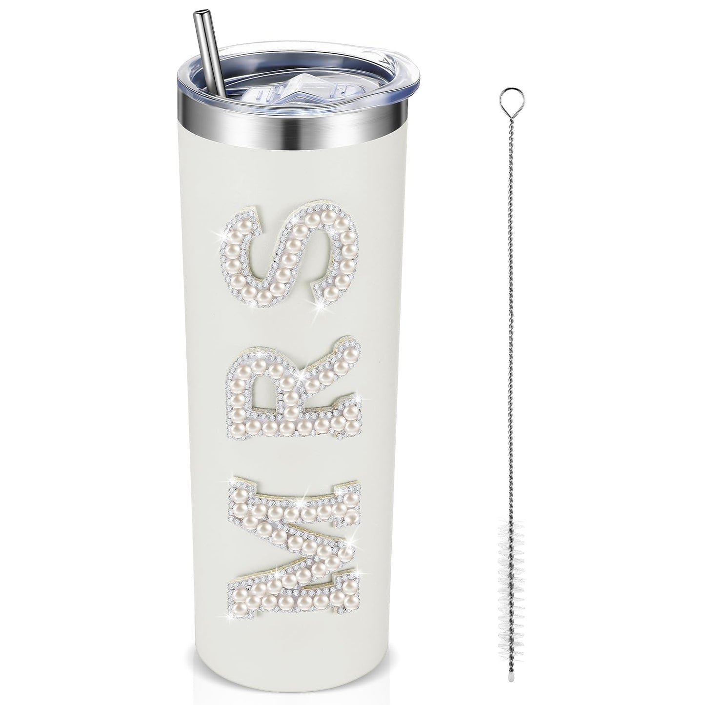 Zhehao Bride Cups Tumbler 20 oz Bachelorette Gift for Bride Tumblers Stainless Steel Mrs Cup with Lid Straw Bridal Gifts Mrs Water Bottle for Bridal Shower Engagement Party(White,Pearl)