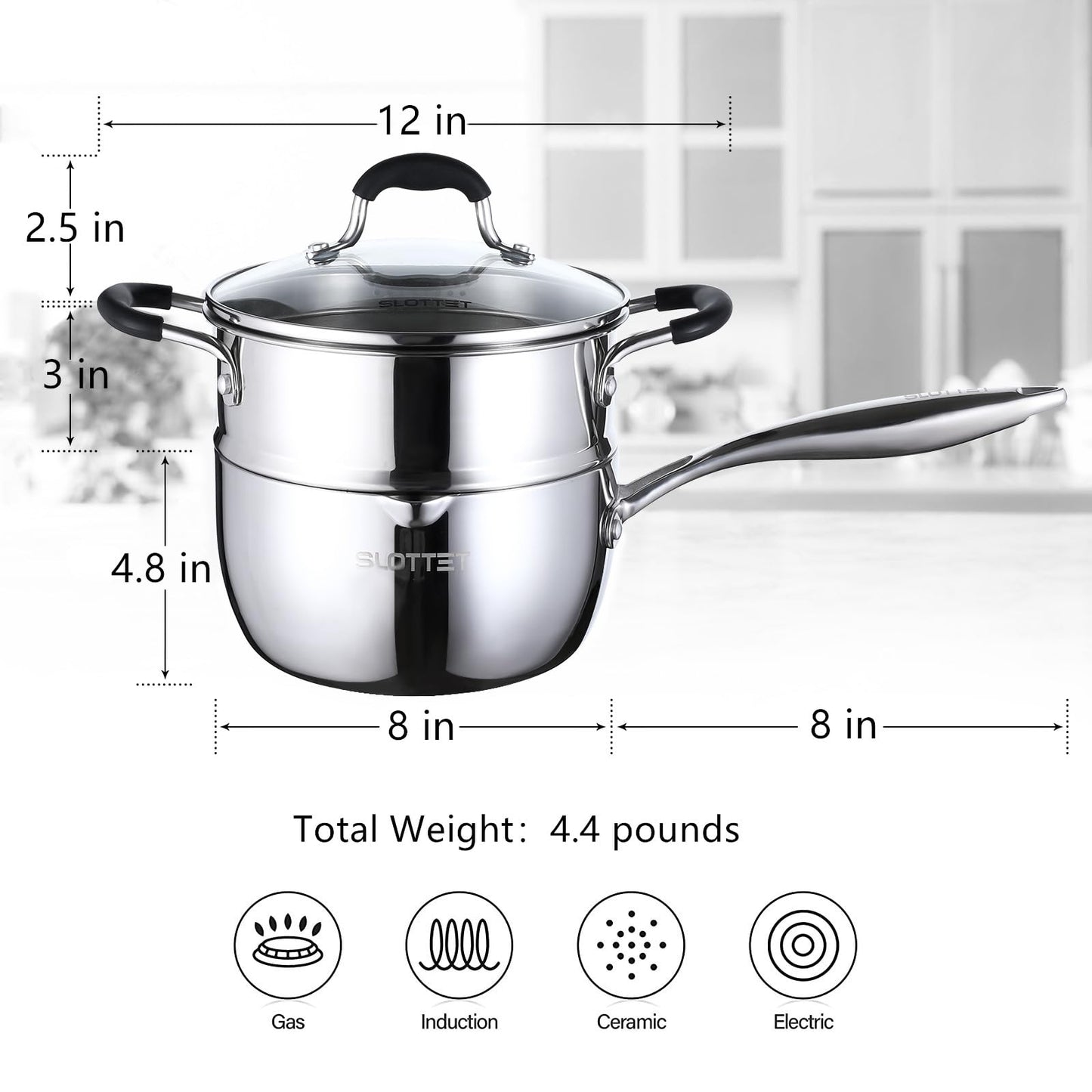 SLOTTET 3.5 Quart Stainless Steel Saucepan with Steamer, Tri-Ply Full Body Small Multipurpose Pot with Pour Spout,Strainer Glass Lid, 3 Qt Sauce Pan for Cooking with Stay-cool Handle.
