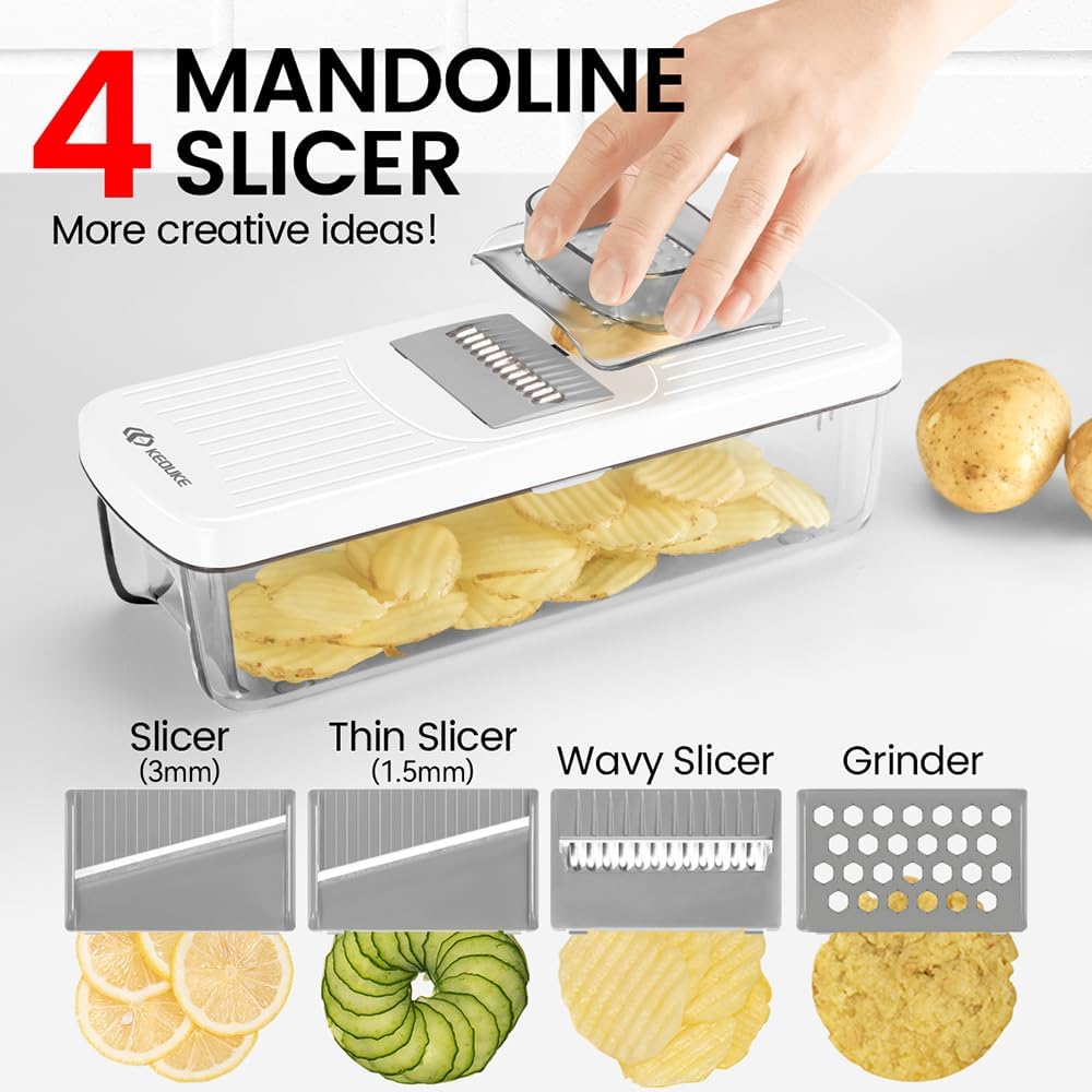 KEOUKE 8-in-1 Vertical Vegetable Chopper - Safe Mandoline Slicer with Container & Hand Guard for Easy Food Prep