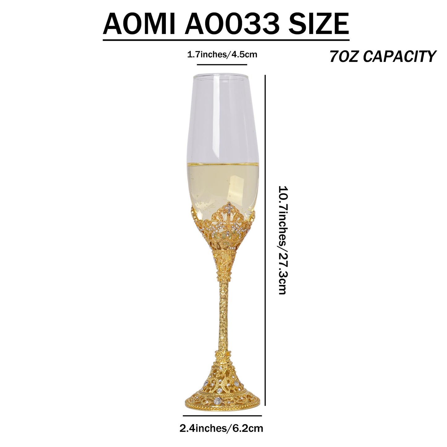 AOMI Wedding Champagne Flutes Toasting Glasses Luxurious Crystal- Gold 7oz Studded Champagne Glasses Set – Elegant Etched Flute Pair with Gift Box, Perfect for Weddings, Anniversaries & Celebrations