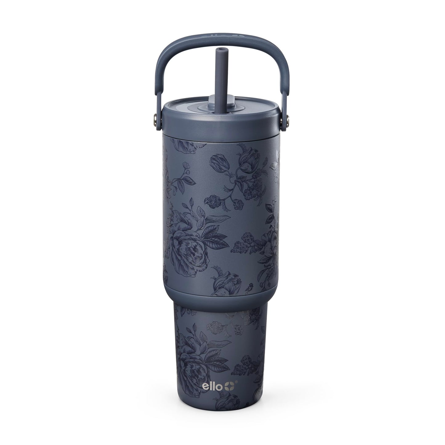 Ello Oasis Go+ 32oz Tumbler with Top Handle and Retracting Straw | Reusable Insulated Stainless Cup, 100% Leakproof Water Bottle, 24 Hours Cold, Cup Holder Friendly For Travel | Porcelain Rose Navy