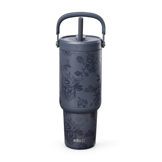 Ello Oasis Go+ 32oz Tumbler with Top Handle and Retracting Straw | Reusable Insulated Stainless Cup, 100% Leakproof Water Bottle, 24 Hours Cold, Cup Holder Friendly For Travel | Porcelain Rose Navy