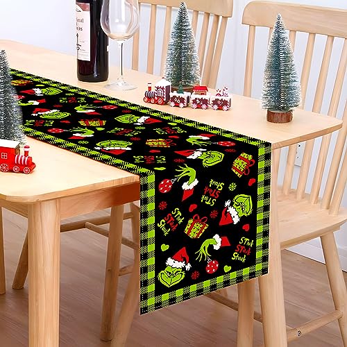 Pudodo Christmas Table Runner Black Green Buffalo Check 13x72in Holiday Decor