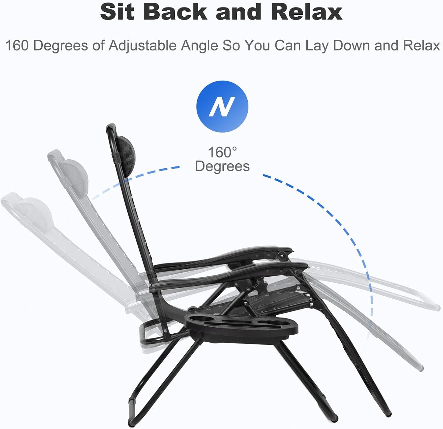 Nazhura Adjustable Zero Gravity Lounge Chairs - Set of 2 Relaxing Patio Recliners with Pillow & Cup Holder | Black