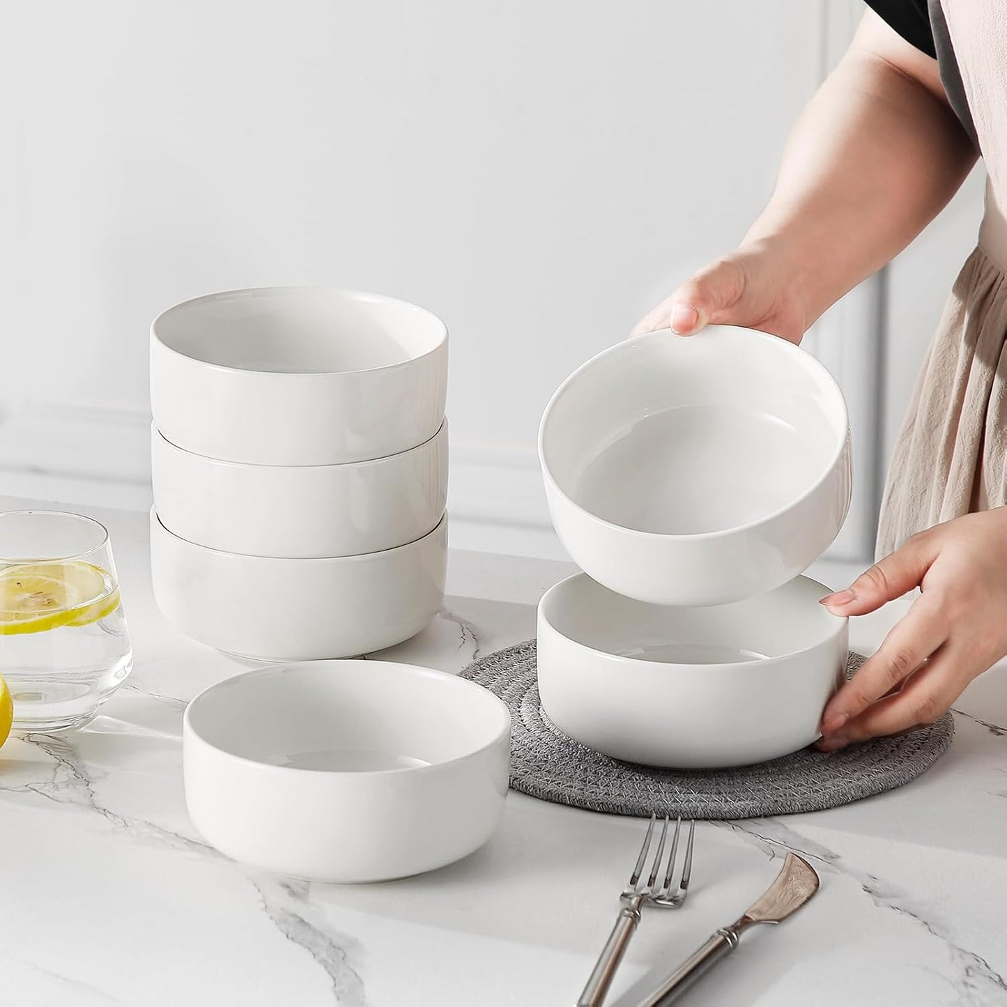 MALACASA 24 OZ Cereal Bowls Set of 6 - White Porcelain Soup & Oatmeal Bowls | Dishwasher & Microwave Safe
