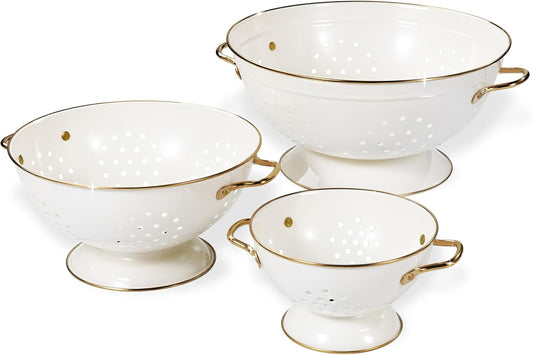 Metal Colander Set by [Brand Name] - 3-Piece Strainer Basket with Handles for Pasta, Berries & Vegetables - Cream, 1Qt, 3.5Qt & 5Qt