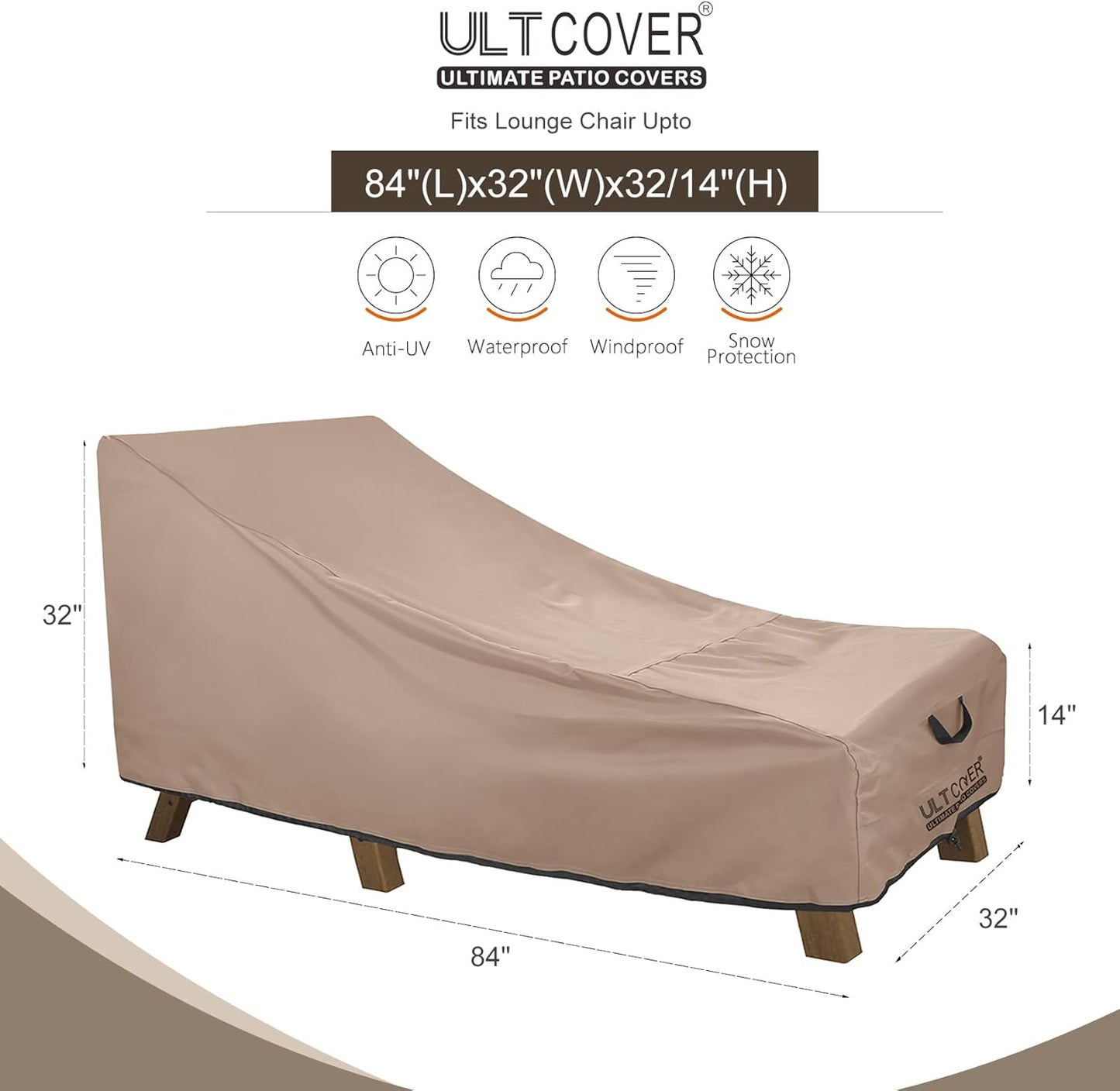 ULTCOVER Waterproof Patio Lounge Chair Cover - Heavy Duty Protection for 84L x 32W x 32H Inch Chairs
