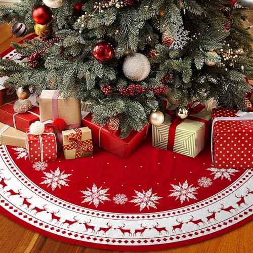 Christmas Tree Skirt 36 inch Large Tree Skirt Snowflake Reindeer Red Xmas Tree Skirt Rustic Christmas Tree Mat Decorations for Winter New Year Holiday Party Decor Indoor Outdoor (Santa, 36inch)