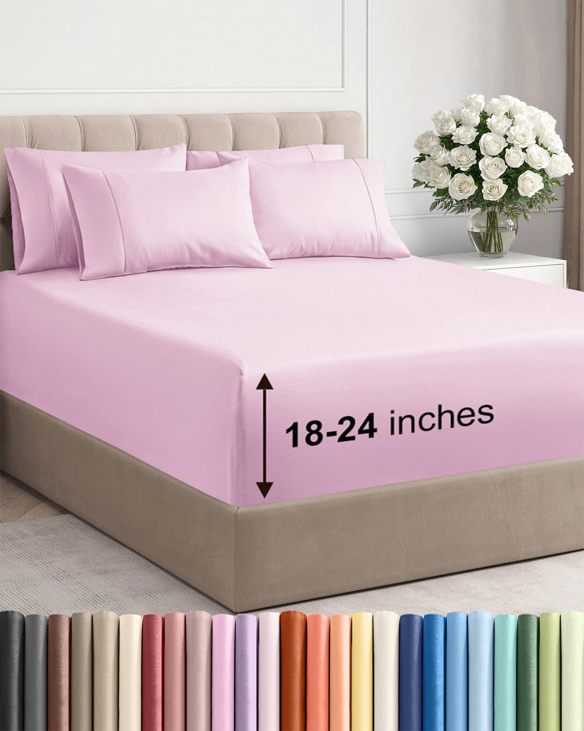 Skiennix Extra Deep King Sheet Set - 6-Piece Breathable Cooling Bedding - Soft, Wrinkle-Free Light Pink