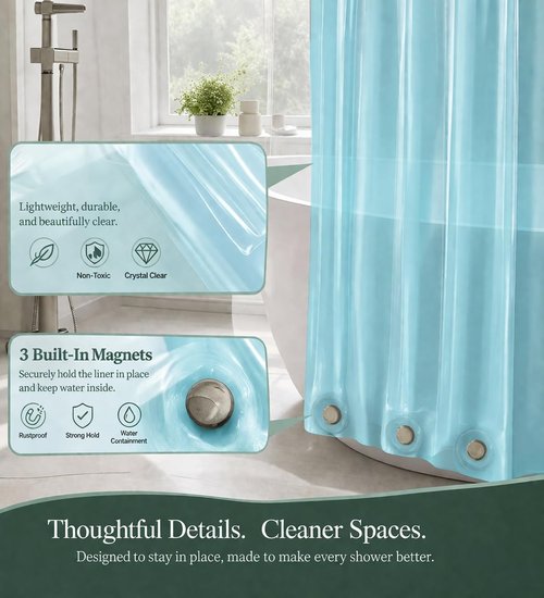 EHZNZIE Aqua Shower Curtain Liner - 72x72 Waterproof PEVA Bath Curtain with 3 Weighted Magnets & Rustproof Grommets