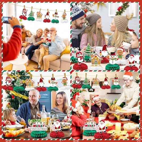JULMELON Christmas Table Decorations Honeycomb Centerpieces,8 PCS 3D Double Side Xmas Holidays Table Centerpieces Cute Santa Snowman Table Toppers Decor for Christmas Party Supplies