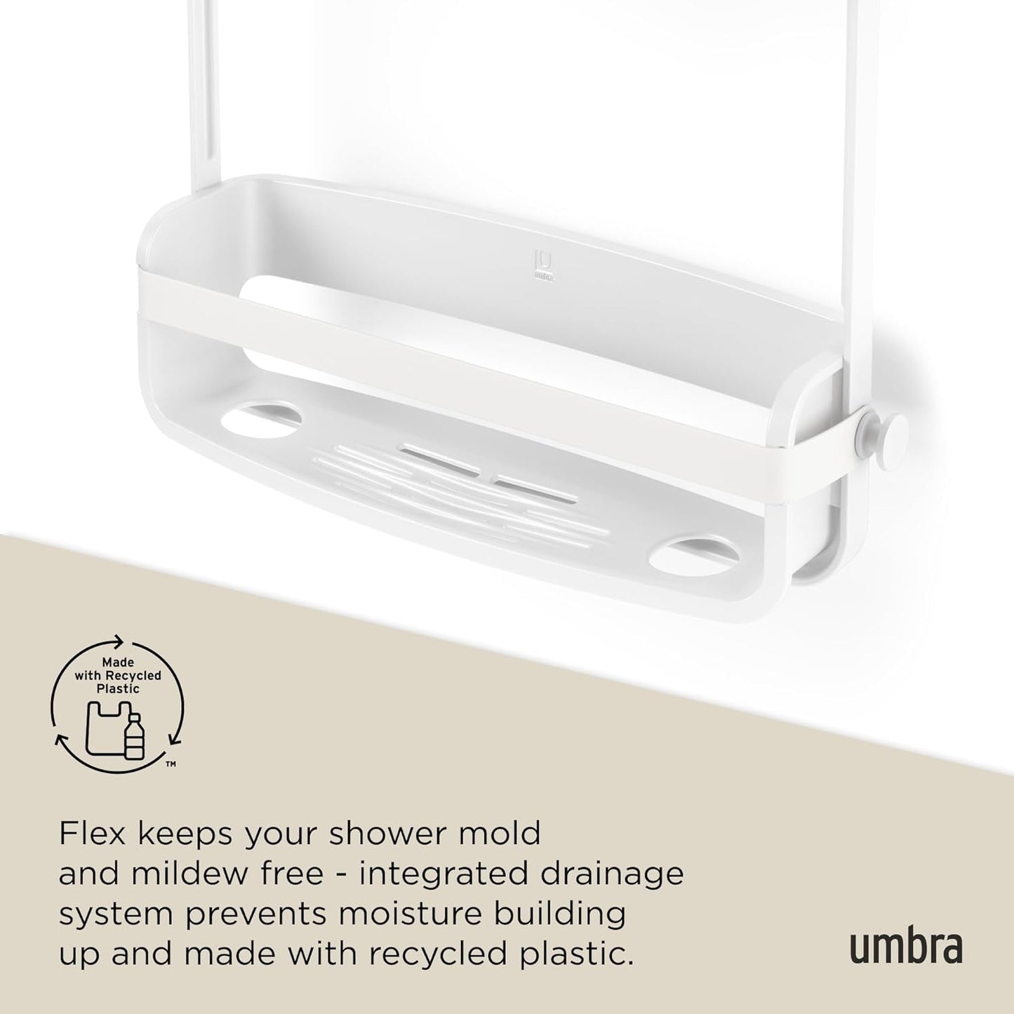 Umbra Flex Hanging Shower Caddy - 2-Tier Bathroom Organizer with Bathtub Shelf | White