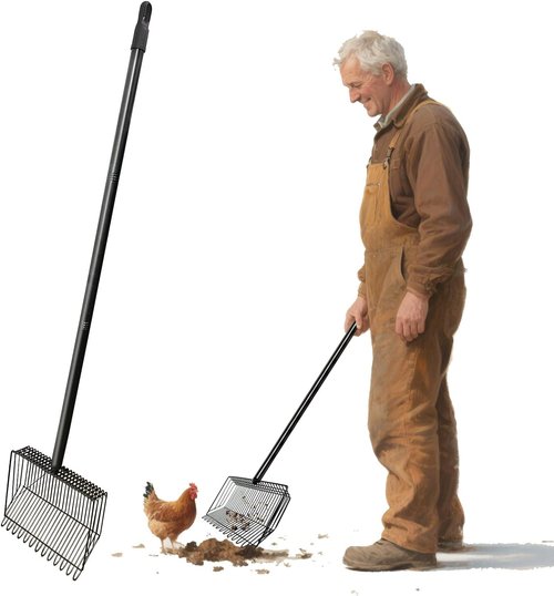 Chicken Poop Scooper - 2-in-1 Stainless Steel Rake with Adjustable Handle for Easy Waste Cleanup