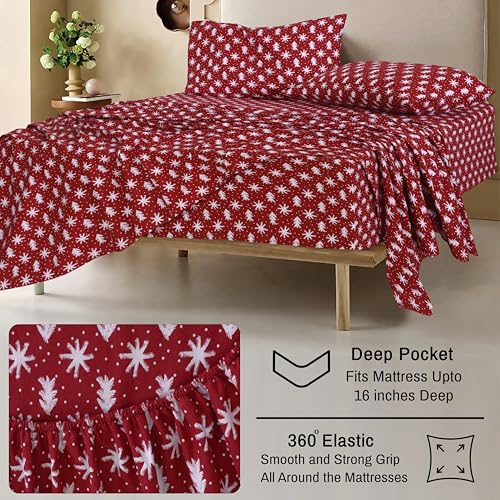 RUVANTI 100% Cotton Flannel Sheets Queen 4-Piece Set, Red Christmas