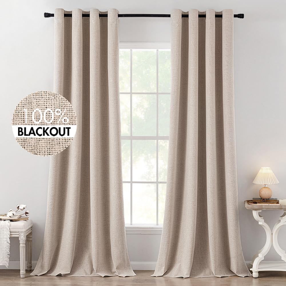 MIULEE 100% Blackout Linen Textured Curtains - Thermal Insulated Natural Beige Drapes | 52 x 120 Inch (2 Panels)