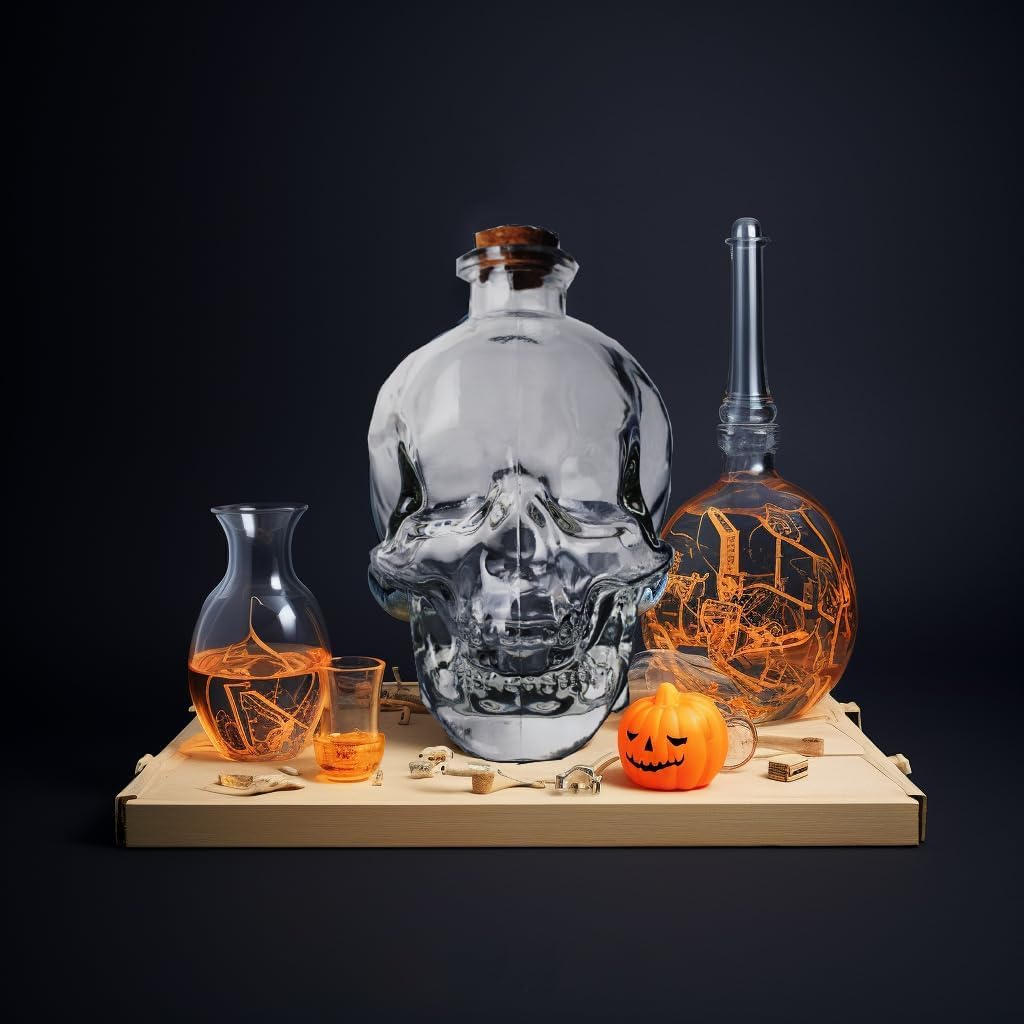 Skiennix Skull Decanter - Lead-Free Glass with Cork Stopper | Unique Halloween Decor for Whiskey & Wine (750ML)