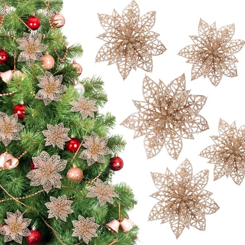 Naler 24 Pieces Christmas Glitter Poinsettia Flowers Artificial Xmas Flowers for Christmas Tree Wreaths Wedding Ornaments, Champagne, 3/4/6 Inch