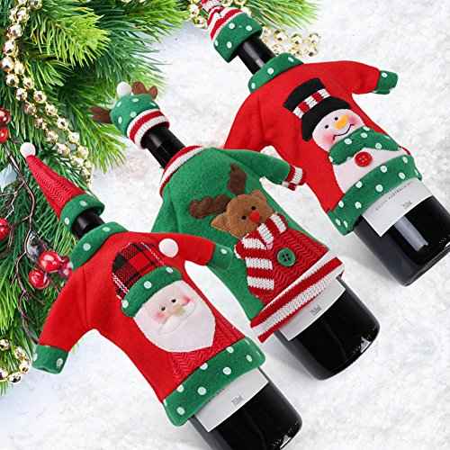 PartyTalk 3pcs Ugly Christmas Wine Bottle Covers, Holiday Wine Bottle Cover with Hat for Ugly Sweater Party Decorations