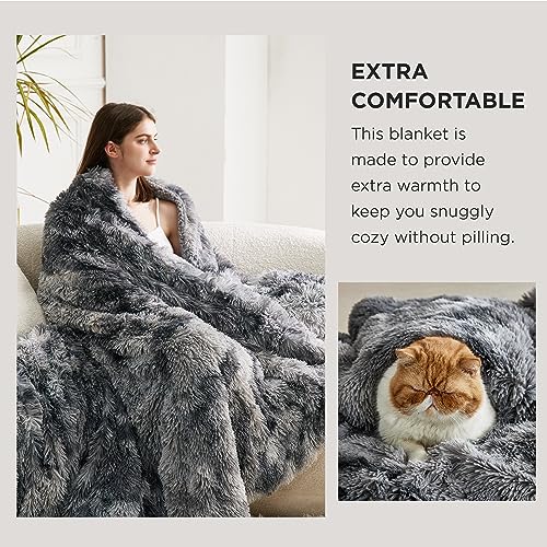 Bedsure Faux Fur Fluffy Sherpa King Bed Blanket Tie Dye Grey 108x90