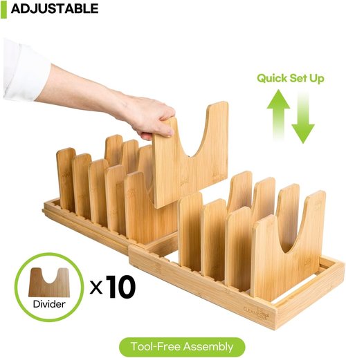 Bamboo Pots and Pans Organizer - Expandable Under Cabinet Storage for Bakeware & Cutting Boards | Adjustable Lid Holder
