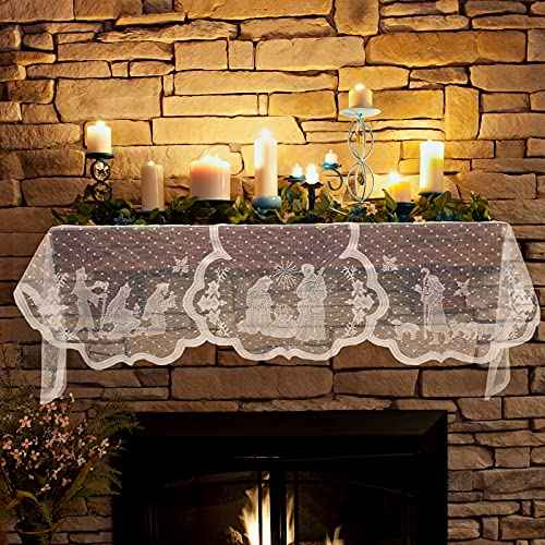 Tegeme Christmas Fireplace Scarf White Lace Jesus Garland Decoration Christmas White Lace Jesus Garland Scarf Fireplace Cloth Indoor Christmas Decorations for Home Living Room, 20 x 90 Inches