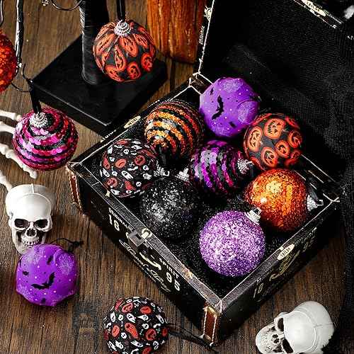 Zeyune 16 Pcs Halloween Ball Ornaments for Tree 2 Inch Halloween Tree Decorations Pumpkin Ghost Bat Spider Glitter Ornaments with Sequins for Holiday Party Decor