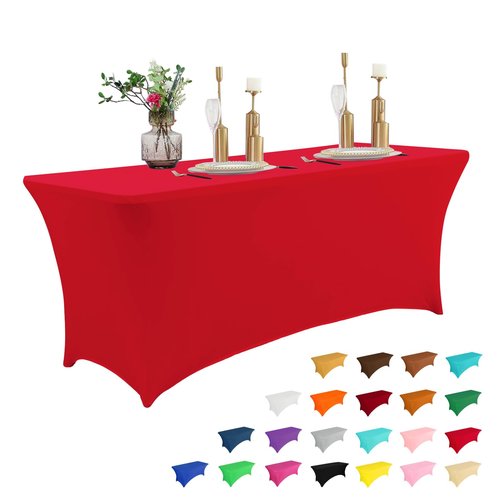 IVAPUPU 4FT Table Cloth for Rectangular Fitted Events Stretch Red Table Covers Washable Cover Spandex Tablecloth Protector for Party, Wedding, Cocktail, Banquet, Festival