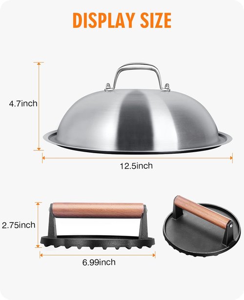 HOMENOTE Griddle Accessories - 12 Inch Heavy Duty Melting Dome & Round Cast Iron Burger Press | Perfect for Flat Top Hibachi Grill