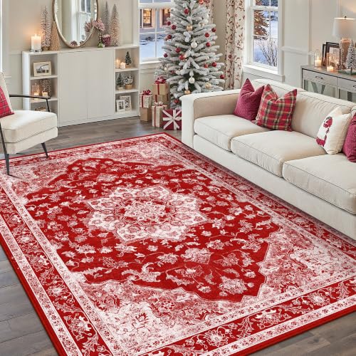 PureCozy Christmas Red 6x9 Low Pile Area Rug Vintage Oriental Carpet - Xmas L