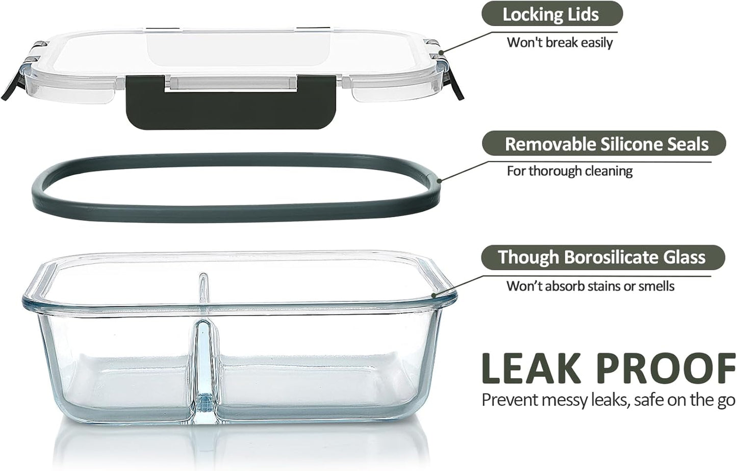 MCIRCO Glass Meal Prep Containers - 5-Pack 36 Oz with 2 Compartments & Snap Locking Lids | Microwave, Oven, Freezer Safe