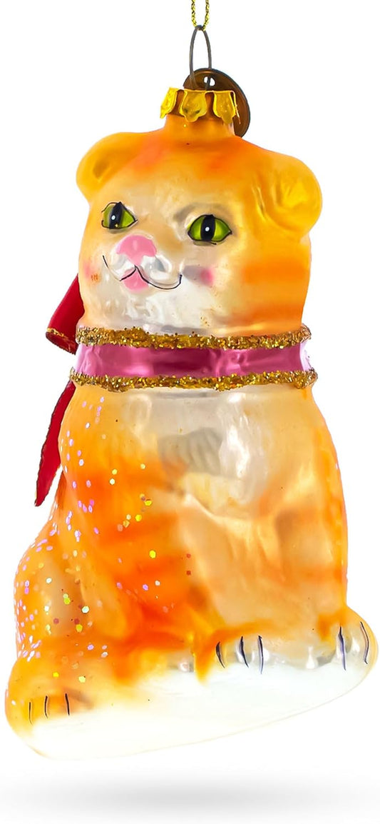 Red Scarf Cat Glass Christmas Ornament - Festive Holiday Decor for Cat Lovers