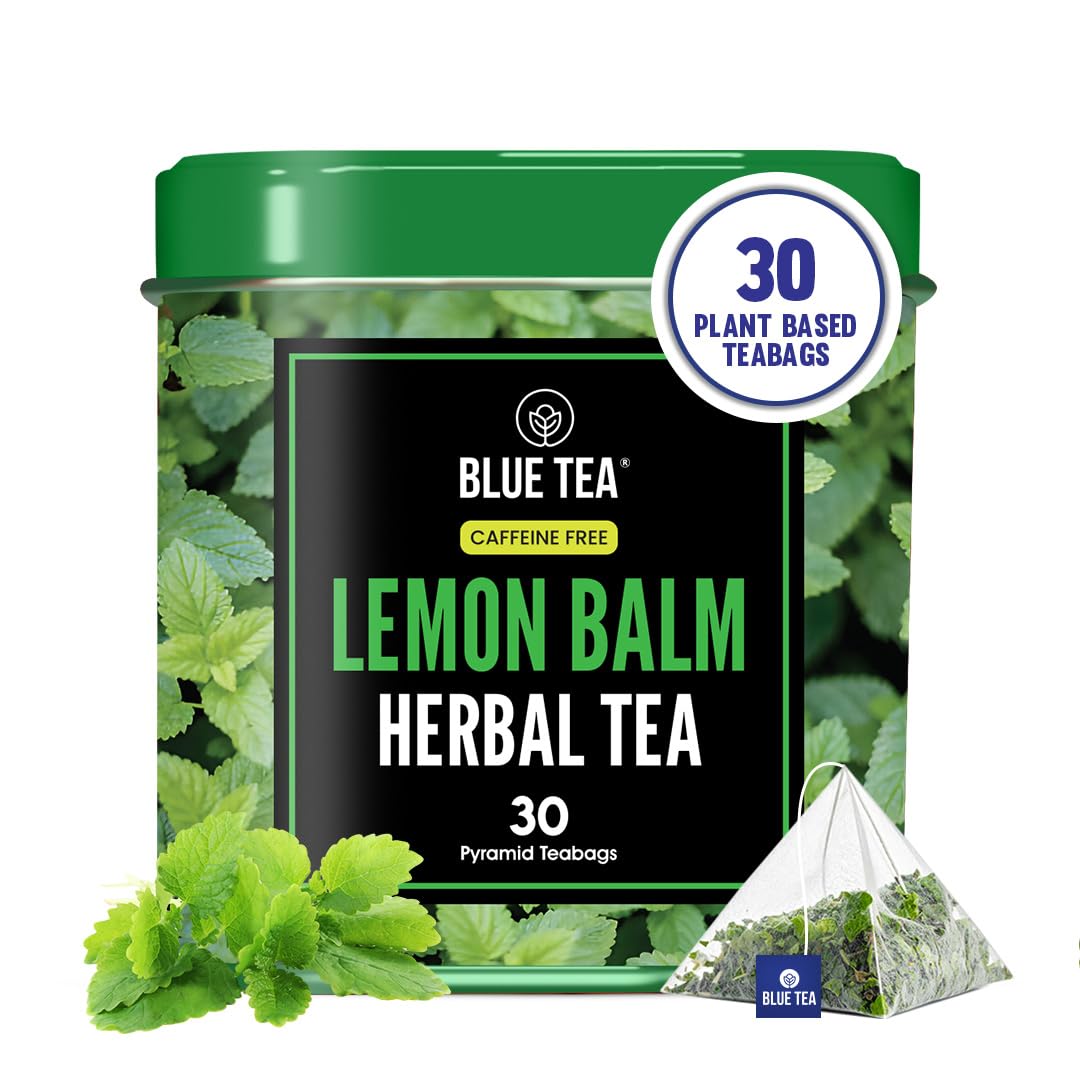 BLUE TEA - Lemon Balm Tea - 30 Count - Pyramid Plant Based Tea Bag | RELIEVES STRESS - IMPROVES DIGESTION | Reduces Bloating | Refreshing Citrus Flavour - Leaf Based - Caffeine Free | Tin Pack