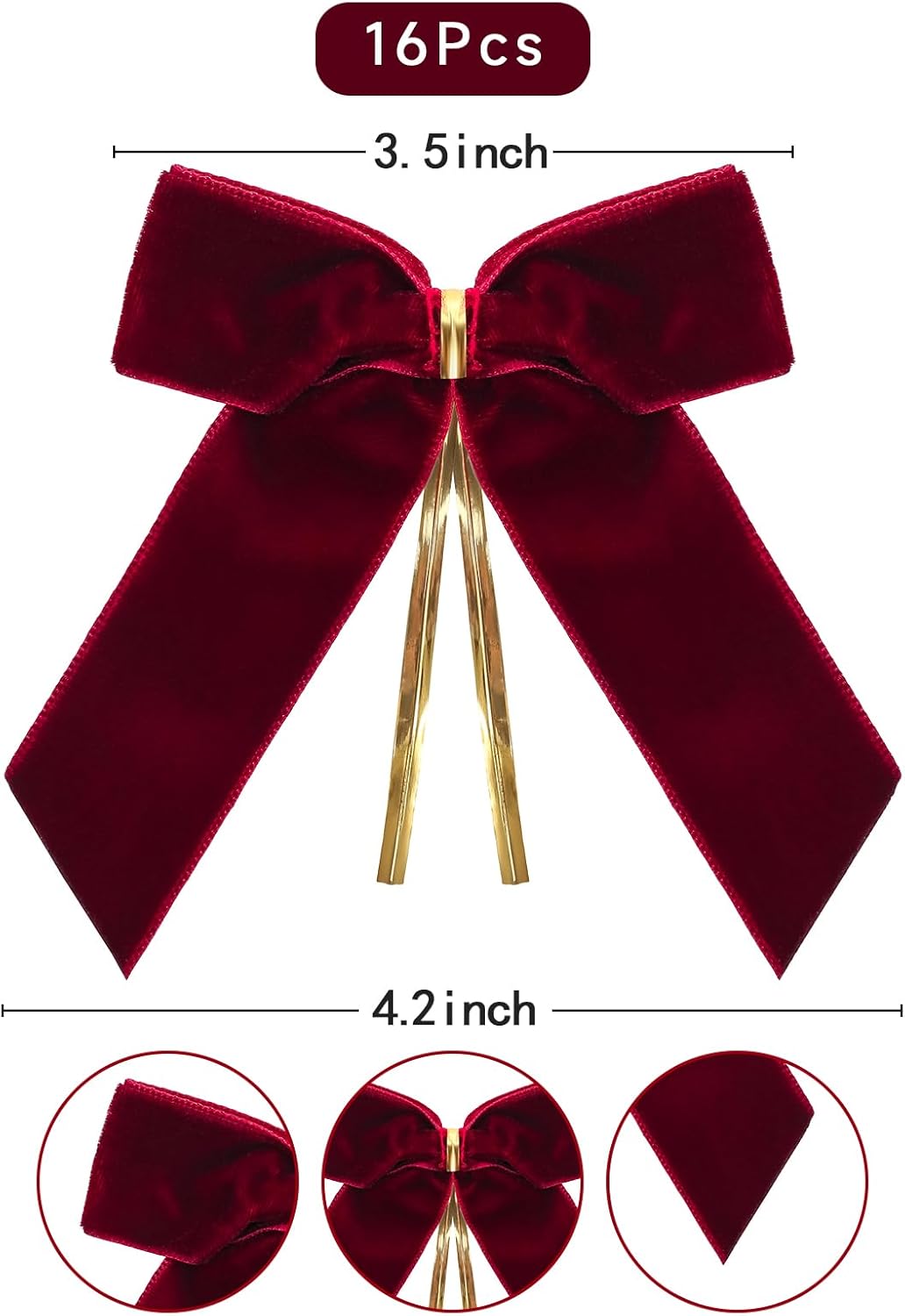 PintreeLand Red Velvet Christmas Bows - 16 Pack Decorative Twist Ties for Trees & Gifts | 3.5x3.5 Inch