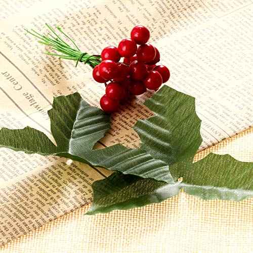 dophee 50 Pack Artificial Red Berry Stems and 50 Pack Green Leaves, Christmas Holly Berry Branches for Party Holiday Home Decoration and DIY Garland and Wreath Ornaments