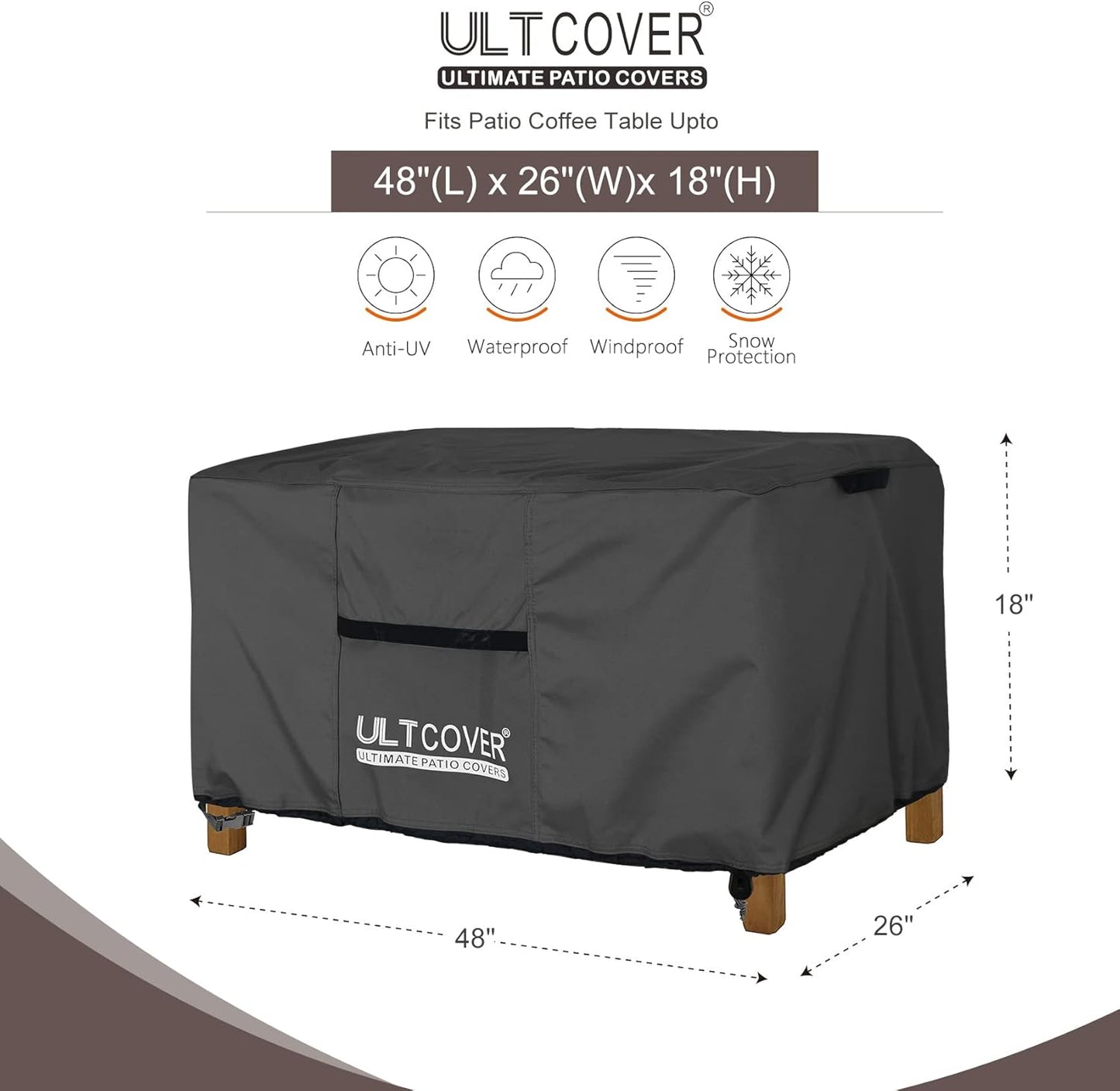 ULTCOVER Waterproof Patio Coffee Table Cover - Rectangular Design for 48x26x18 Inch Tables | Black