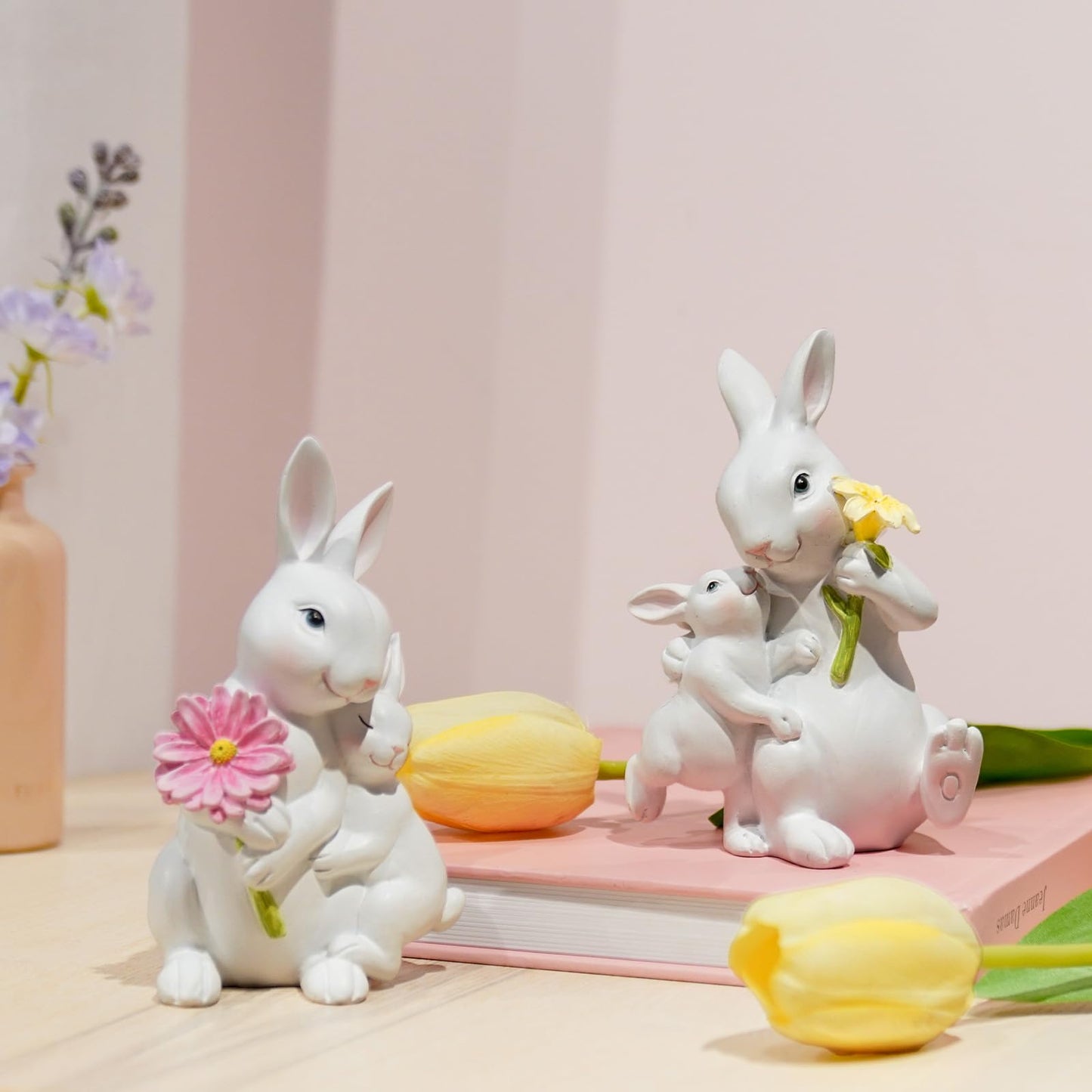 Braxio Easter Bunny Family Figurine Decoration - Bunny Collectible Figurines for Easter Decoration/Spring/Wedding Set of 2