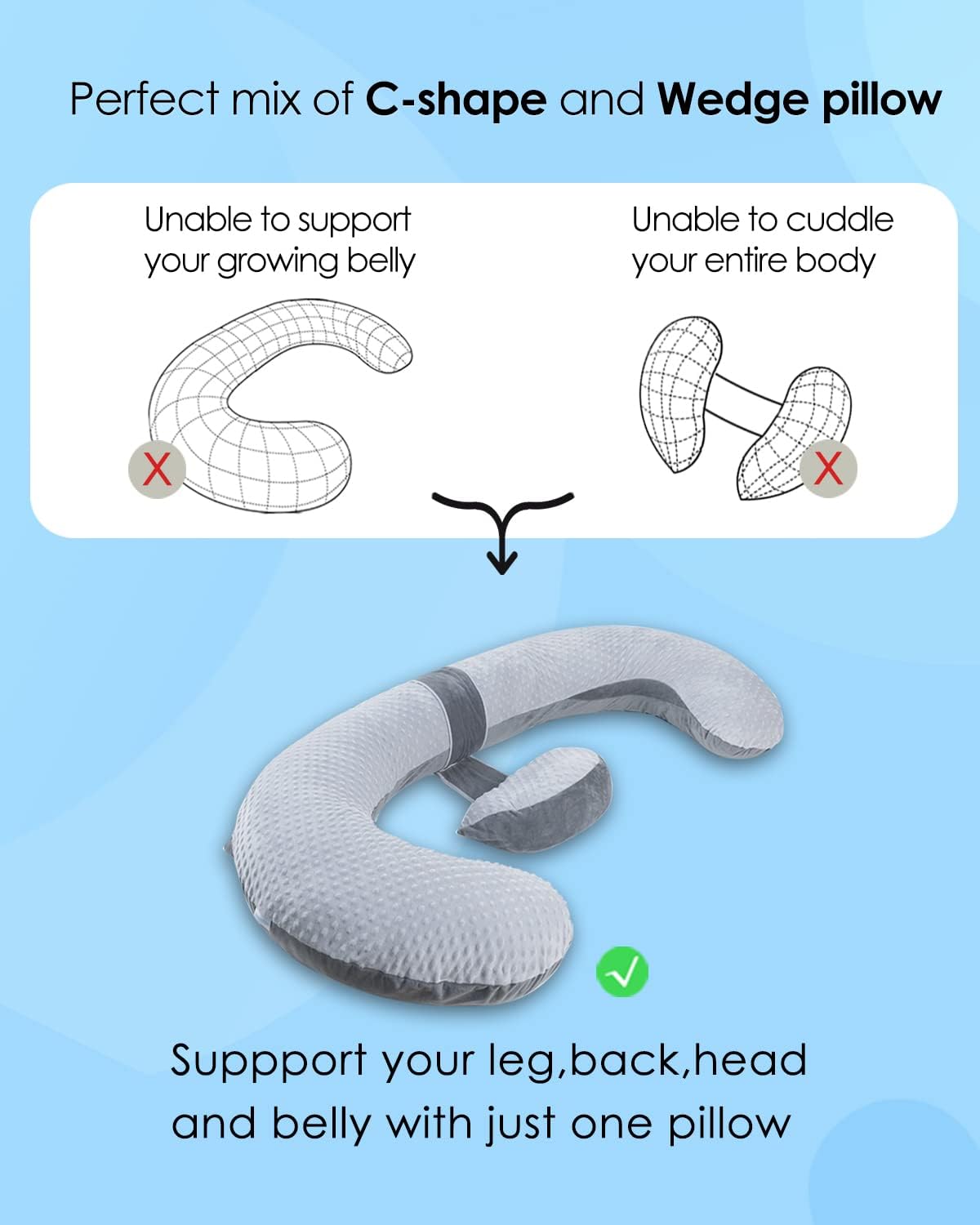 Queen Rose E-Shaped Pregnancy Pillow - Adjustable Full Body Maternity Support, 60 Inch, Grey Velvet Cover