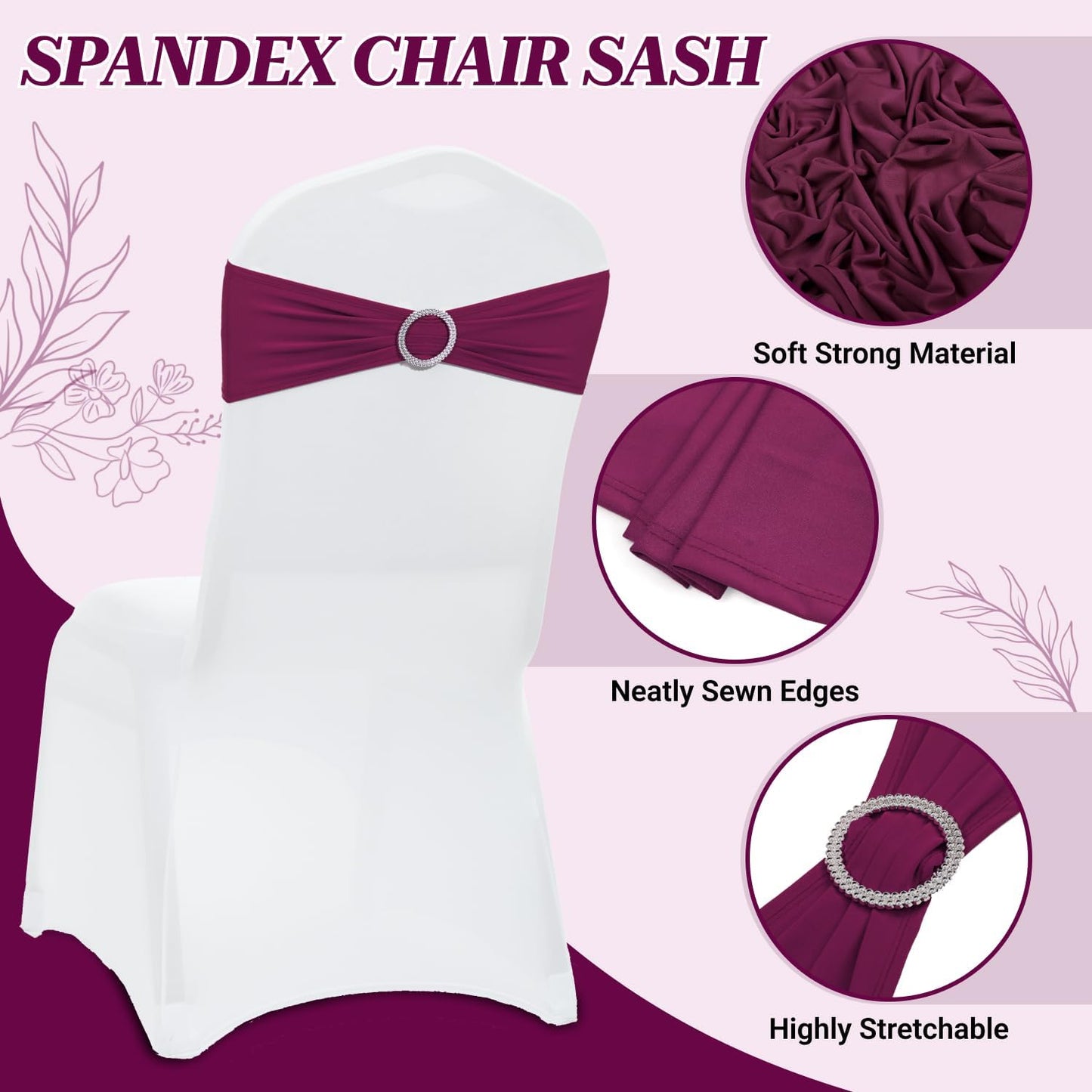 MDS Spandex Chair Sashes - Pack of 150 Elastic Stretch Bows with Buckle Slider for Wedding Decor - Eggplant