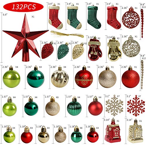 Christmas Tree Ornaments Set 132pcs Red Green Gold Festive Decorations - Roseleaf