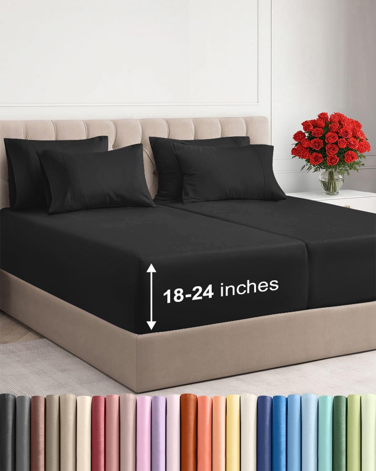 Skiennix Extra Deep Split King Sheet Set - 7 Piece Breathable Cooling Bedding - Soft, Wrinkle-Free, Black