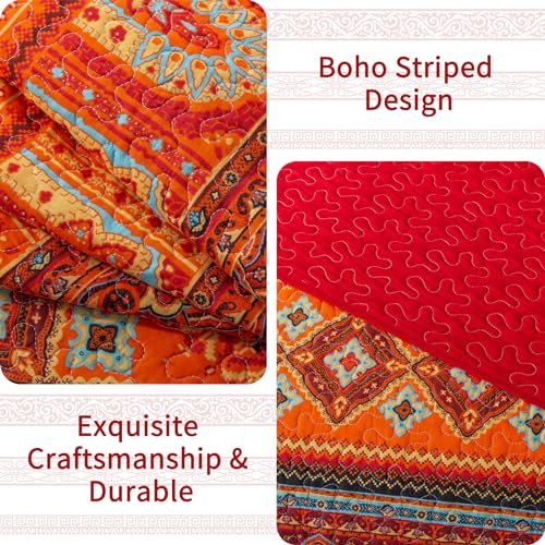 California King Size Quilted Bedding Set with Striped Red-Orange Design - 100% Cotton Face