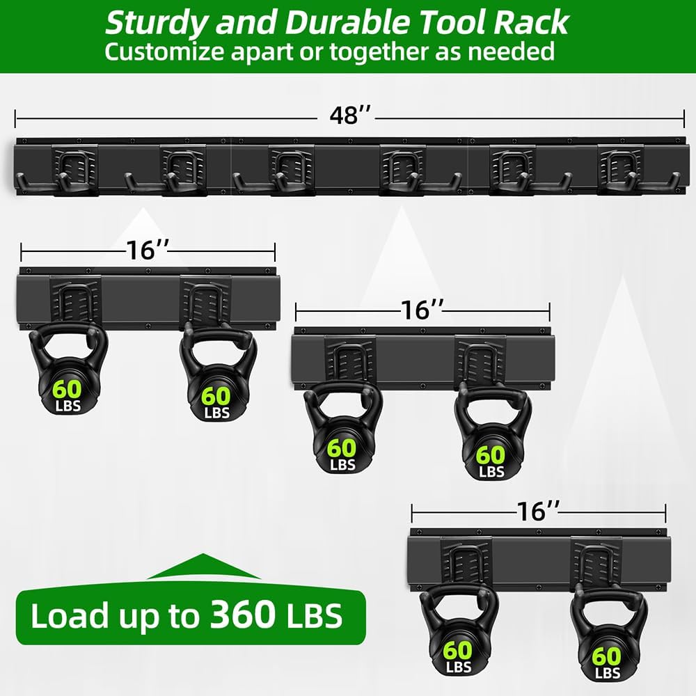 PIYILO Garage Wall Organizer - Heavy Duty Tool Rack with 48-Inch Rails & 6 Hooks | Max Load 360 LBS