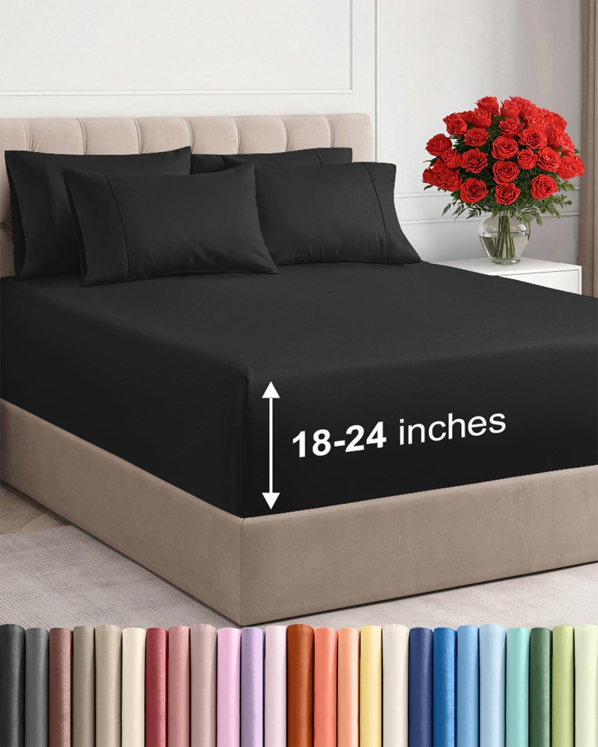 Skiennix Extra Deep Cal King Sheet Set | 6-Piece Breathable Cooling Bedding - Soft, Wrinkle-Free Black