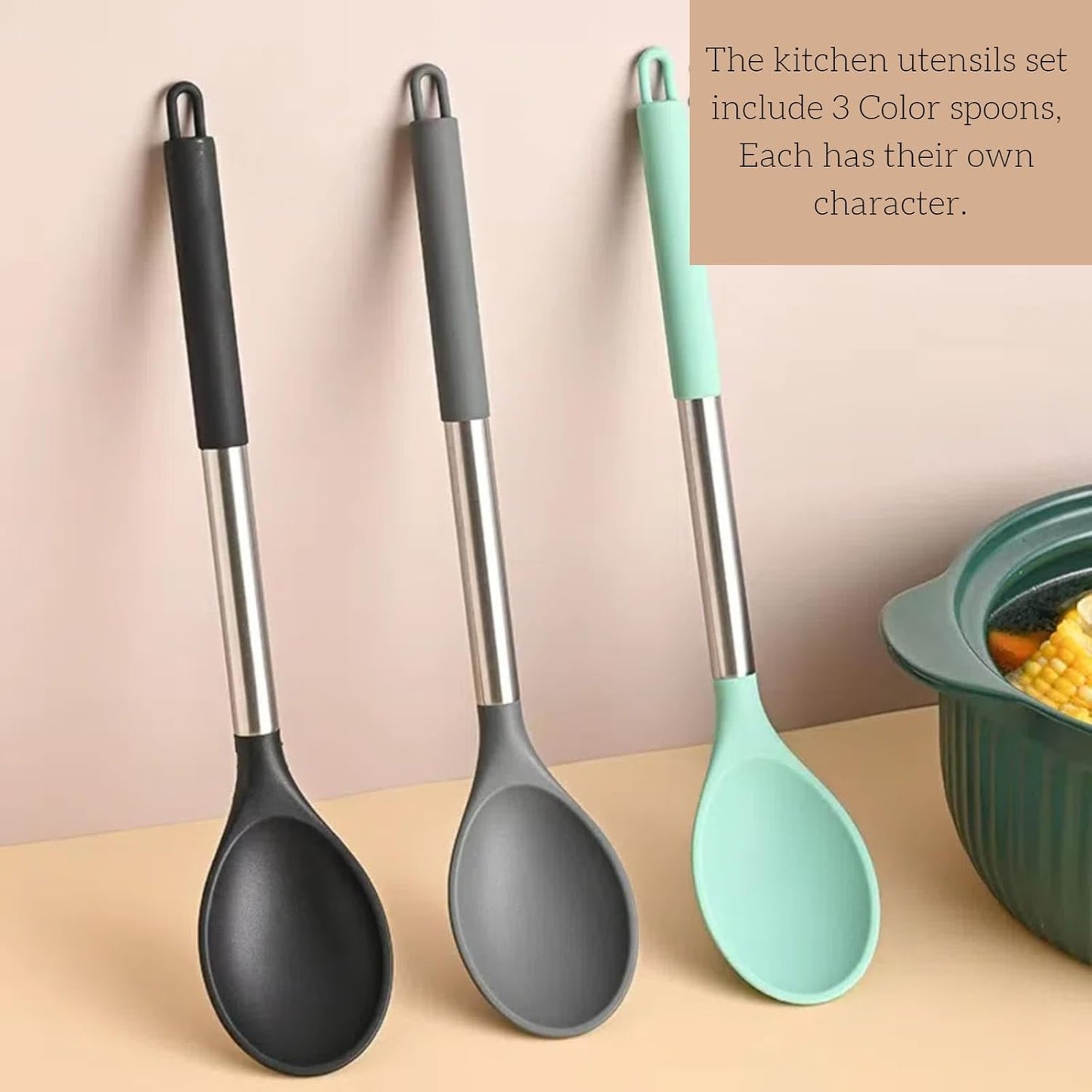 Skiennix Silicone Cooking Spoon Set - 3-Pack Heat Resistant Kitchen Utensils | 13.2" Non-Stick Server Spoon