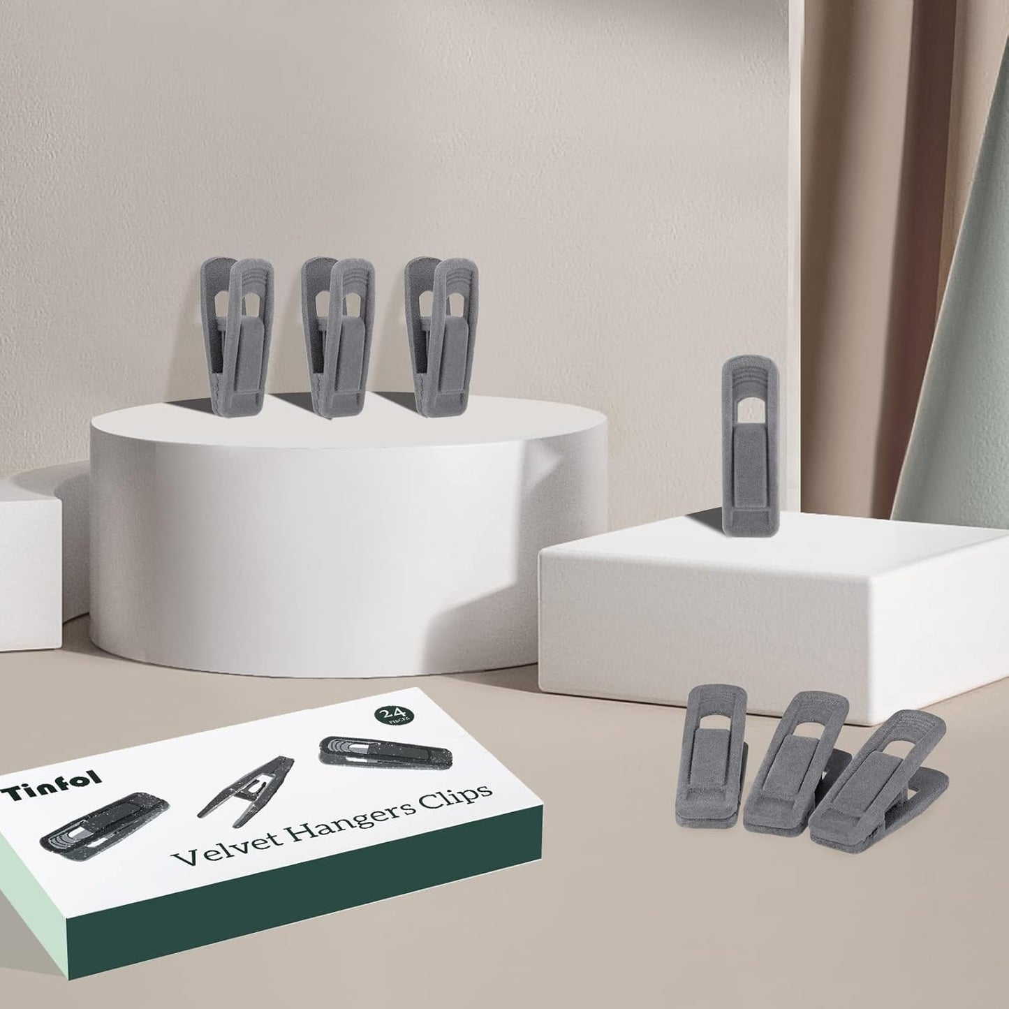 Tinfol Gray Velvet Hanger Clips - Non-Slip Flocked Clips for Pants & Skirts | 24 Pack, Strong & Durable