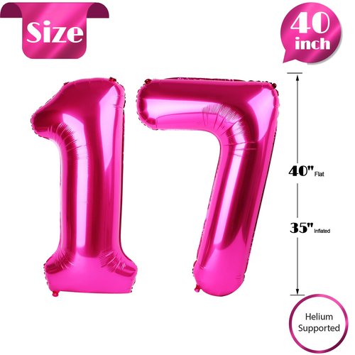 Hot Pink Number 17 Balloons 40 inch, 17 Number Balloons, 17th Birthday Decorations for Girls 17 Year Old Hot Pink Party Supplies