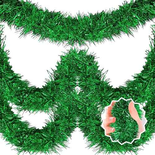 50 Feet Green Christmas Tinsel Garland, Metallic Foil Twist Banner Wall Hanging Tinsel Streamers Backdrop for Parade Floats, Christmas, Mother's Day, Birthday Party Decorations(2in x 50ft)