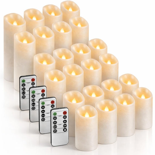 Enido 24 Pc Flameless LED Candles with Remote & Timer, Outdoor Waterproof, Flickering Electric Warm Lights for Cozy Home & Holiday Romantic Decor, Battery Operated (D 2.2” x H 4”/5”/6”)
