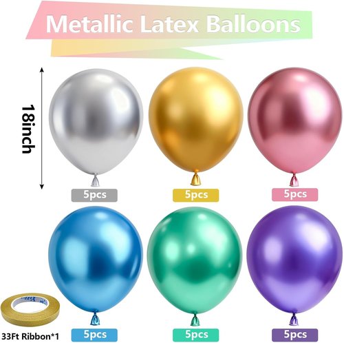 Bezente Metallic Chrome Balloons - 18 Inch Assorted Latex Party Balloons | 30 Pack for Celebrations